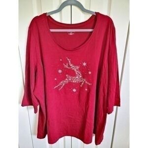 Catherine's 2X Holiday Maroon 3/4 Sleeve Top‎ & Glittery Reindeer 22/24W Stretch